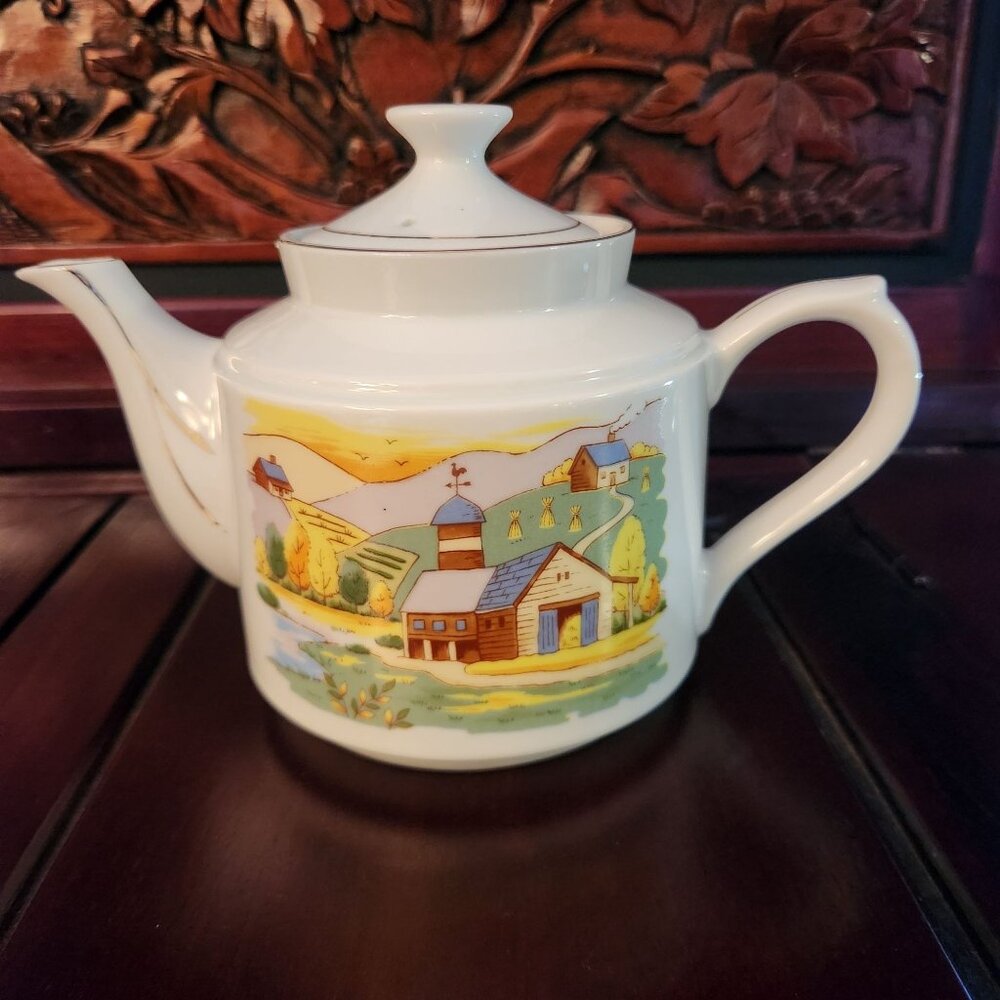 Rare Find Vintage Hand Painted Ceramic Teapot Countryside Theme Farmhouse